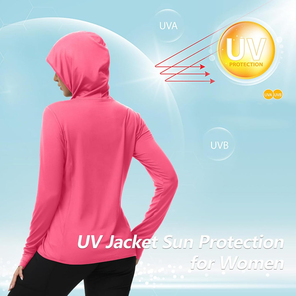 TIHEEN Women's Lightweight UPF 50+ Sun Protection Hoodie Jacket - Full Zip, Long Sleeve with Pockets