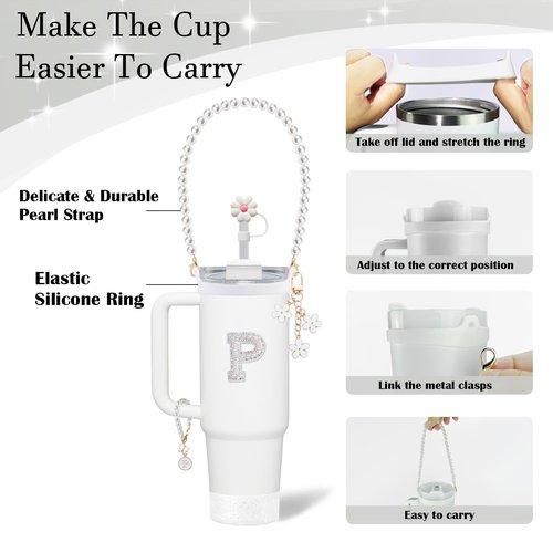 Stanley Cup Accessories Set - Including Water Bottle Carrying Pearl Strap, Handle Letter Charms Sticker, Silicone Cups Boot Straw Cover for 40oz & 30oz Tumbler Accessory Kit