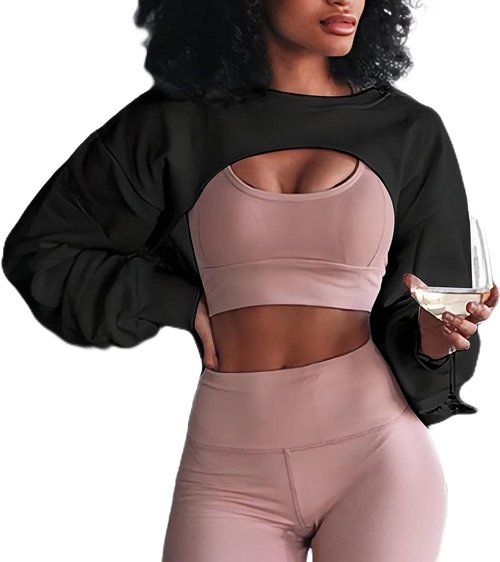 Hilinker Womens Cropped Crewneck Sweatshirt Long Sleeve Crop Top Casual Loose Workout Gym Black Medium