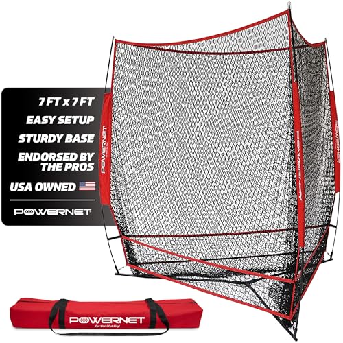 PowerNet Red Triple Threat Baseball & Softball Training Net - 3 Station Batting, Pitching & Hitting Practice, 7' x 7' Collapsible Net