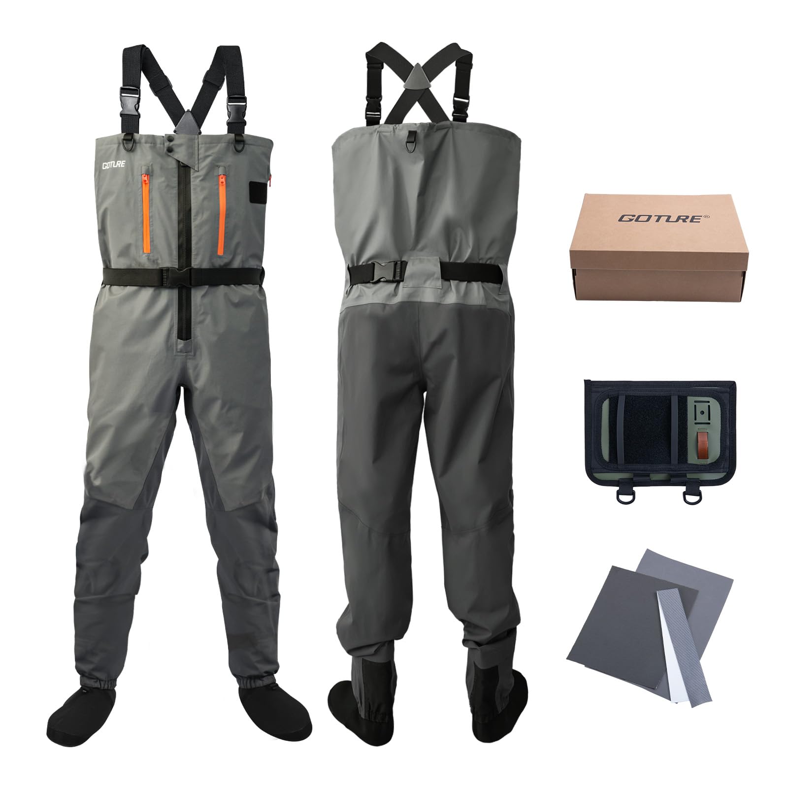 Goture 5-Layer Waterproof Zip Front Stocking Foot Waders, Breathable Fly Fishing Waders for Men Women with Handwarmer, Multiple Storage Pockets, Waist Belt, Fishing Chest Wader for Fishing XXL