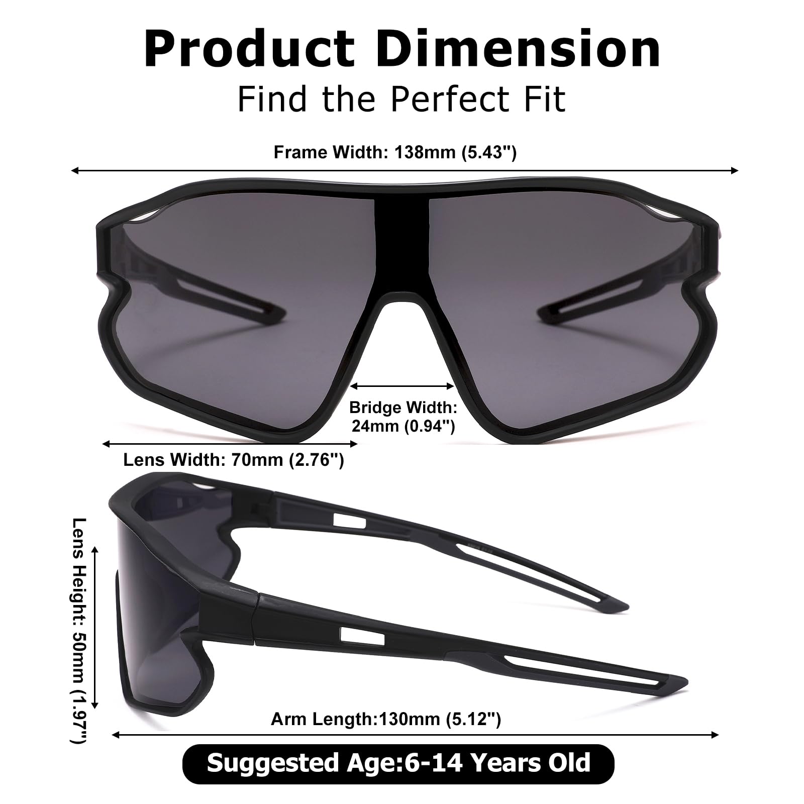 GLARDEFE Kids Baseball Sunglasses - Youth Baseball Sunglasses for Boys Girls - Sports Softball Shades Age 6-14(Black/Grey + Black/Silver Mirror)