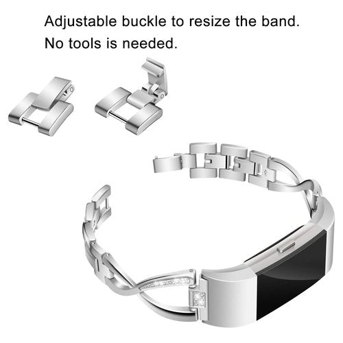 Mtozon Bands Compatible with Fitbit Charge 2, Slim Bling Metal Bands with Rhinestone Replacement Bracelet Women, Silver