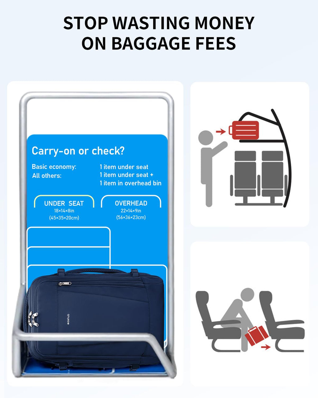 ECOHUB 17'' Travel Backpack, Personal Item Backpack with 13 Pockets, Flight Approved Carry on Backpack with USB Port & Luggage Sleeve, Travel bag for Men & Women, Water Resistant Backpack, Blue