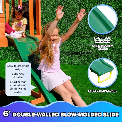 Wooden Swing Set with Slide, Saucer & Sling Swings for Kids 3-8