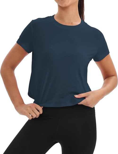 Mippo Workout Tops for Women - Short Sleeve Yoga Shirts | Loose Fit Athletic Crop Top