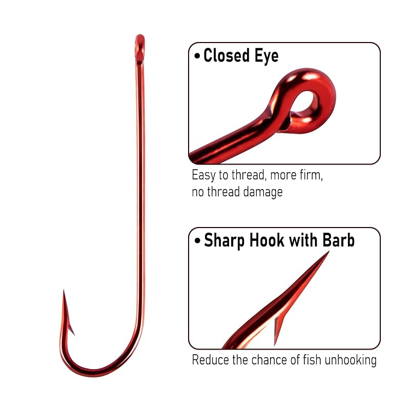 Dr.Fish 1/0-100 Pack Red Aberdeen Hooks - Extra Long Shank, Light Wire, Freshwater Bass Crappie