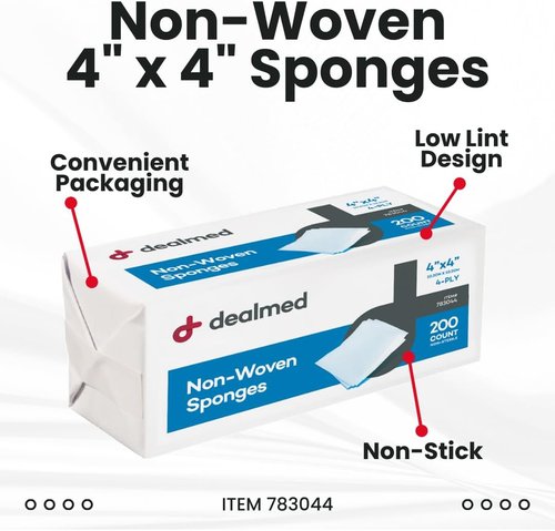 Dealmed Non-Woven Gauze Sponges - 4-Ply, 4" x 4" Absorbent Wound Care for First Aid Kits | 200 Count
