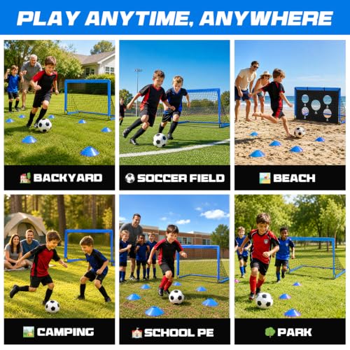 Blue Soccer Goals 6x4 FT Portable Kids Soccer Goal Set with Accessories - 2 Pack