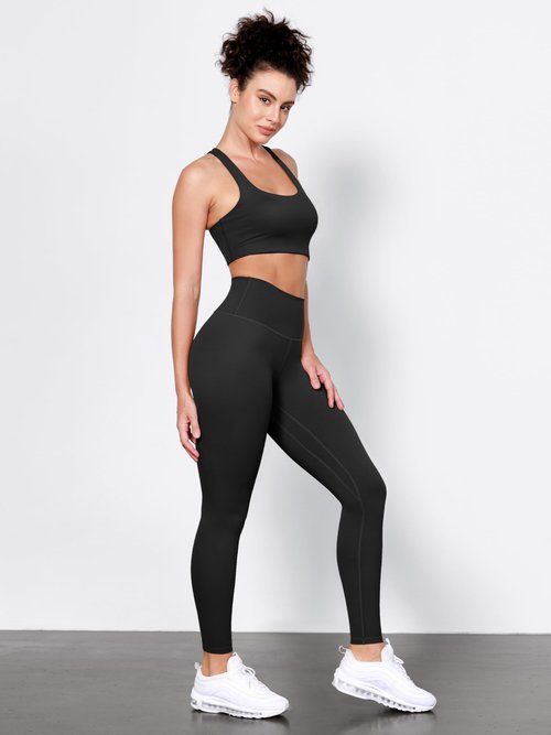 ODODOS Tummy Control Full Length Compression Leggings with Inner Pocket for Women, 28" High Waist Workout Running Yoga Pants, Black, Large