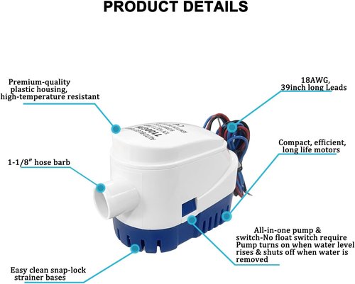 Automatic Submersible Bilge Pump by [Brand Name] - 12V 1100GPH with Built-In Float Switch | 1-1/8 Inch Dia