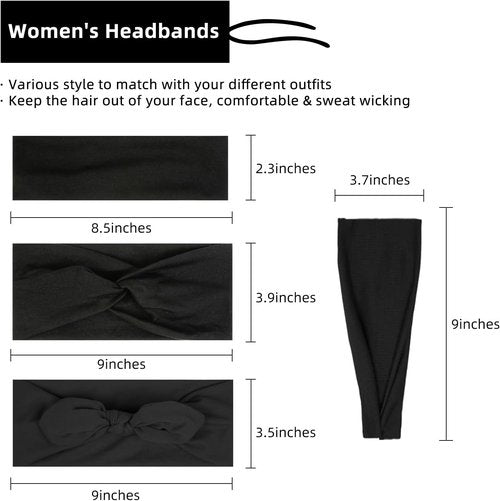 Huachi Women's Black Headbands - Non-Slip Elastic Hair Accessories | Pack of 4 Stylish Workout Bands