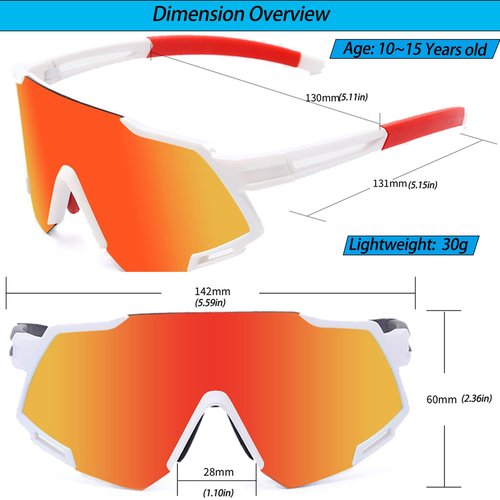 Tunfund Viper Sunglasses Polarized Teen Youth Kid Boy Girl for Cycling Fishing Runing Sports Driving Golf UV 400 (Age:10-15 Years Old) Red+White