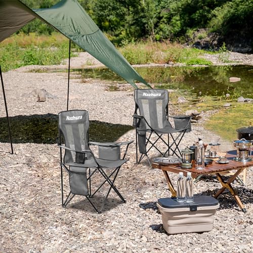 Nazhura 4 Pack Portable Camping Chairs with Cooler Pouch Mesh Backrest & Cup Holder - Grey/Metal