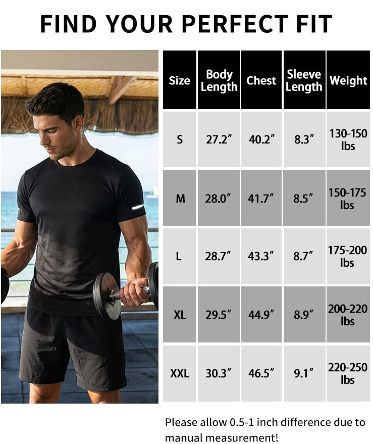 Men's Athletic Workout Shirt - Quick Dry Moisture-Wicking Running Tee - Black, X-Large