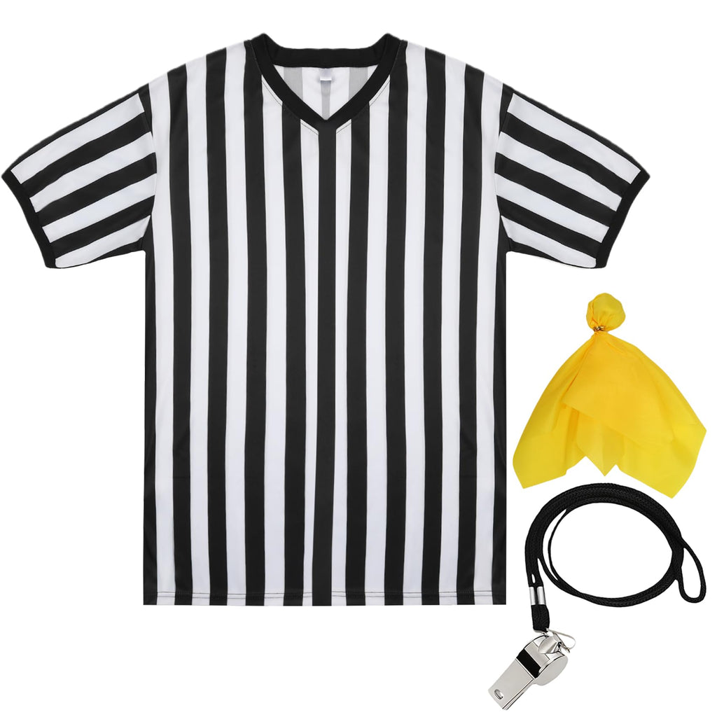 Referee Shirt Referee Costume for Men Women Unisex Black and White Stripe V-Neck Ref Uniform Penalty Flag and Stainless Steel Whistle with Lanyard for Football Soccer Sports Cosplay Outfits (Large)