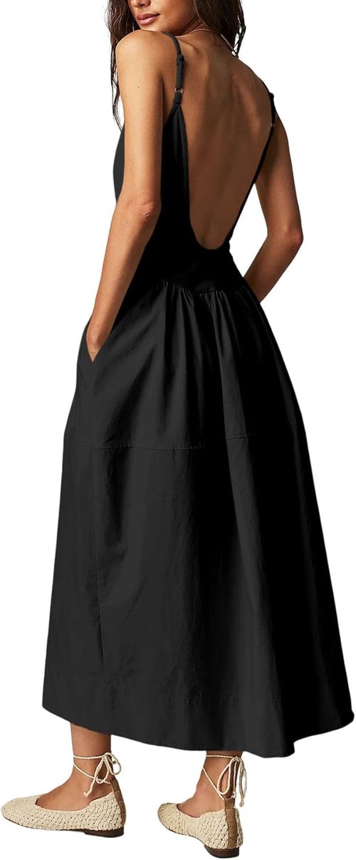 Fisoew Women's Spaghetti Strap A-Line Dress - Backless Summer Cami with Pocket | Casual Style