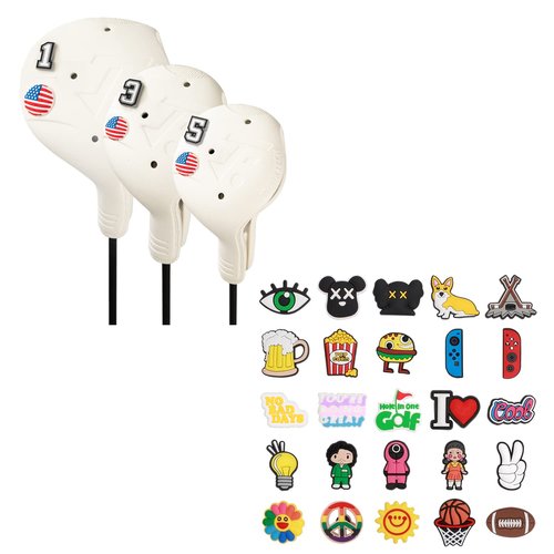 FRANKTECH Golf Club Covers 3pcs and 25pcs Funny Pins, Plastic Golf Head Covers for Driver Fairway Woods Hybrid, Driver Headcover Fit All Right-Handed Golf Clubs, Easy On Off, Washable, Funny