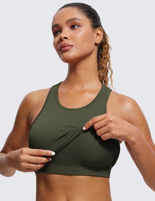 CRZ YOGA Seamless Ribbed High Neck Crop Tank Tops - Longline Racerback Padded Sports Bra for Women