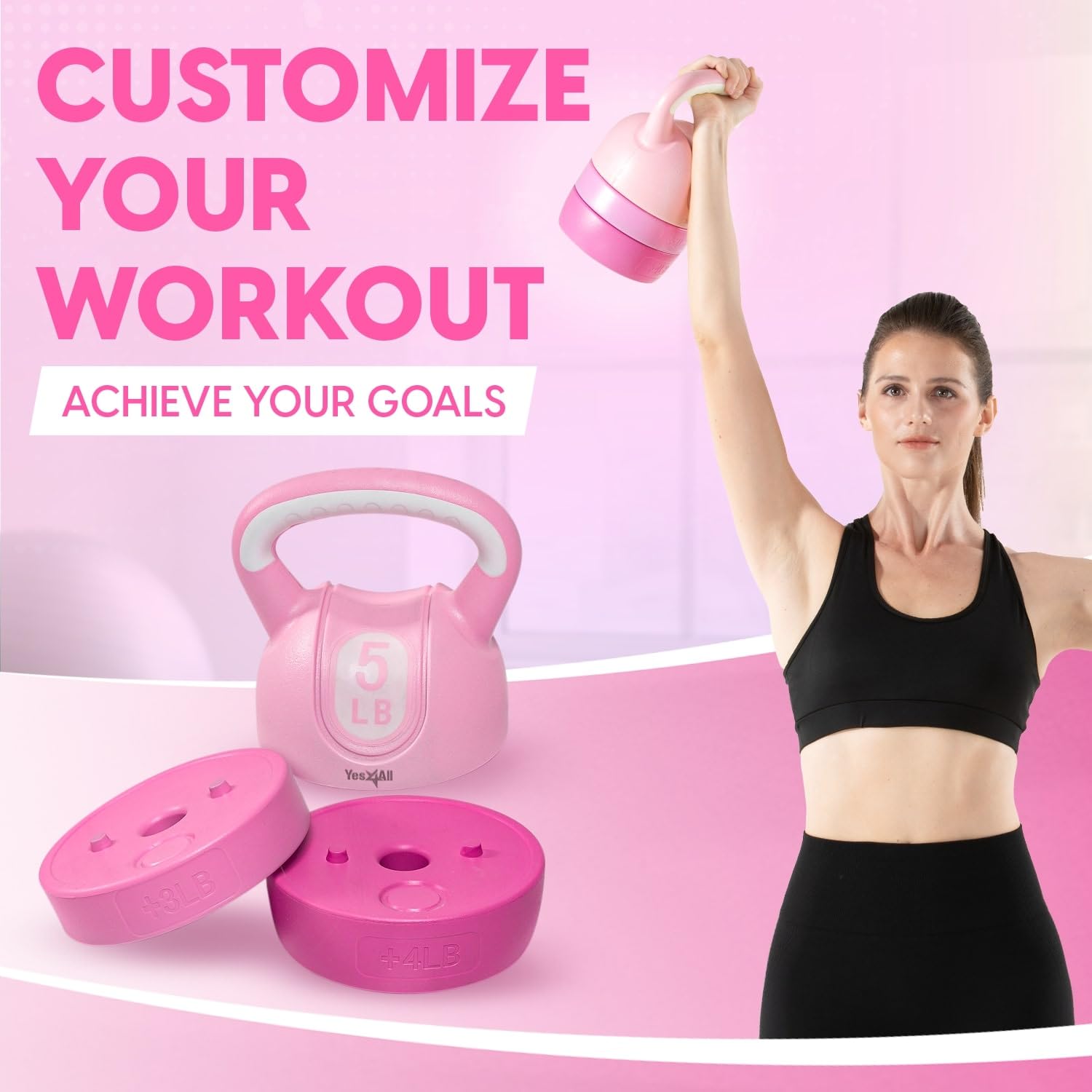 Yes4All Adjustable Kettlebell for Women – Pink Home Gym Set, 5lb–12lb Adjustable Weight, Compact Kettlebell Set for Strength Training