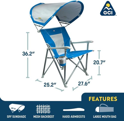 GCI Outdoor Sunshade Captain's Chair - Collapsible Folding Canopy Chair with Armrests & Drink Holder | Saybrook Blue