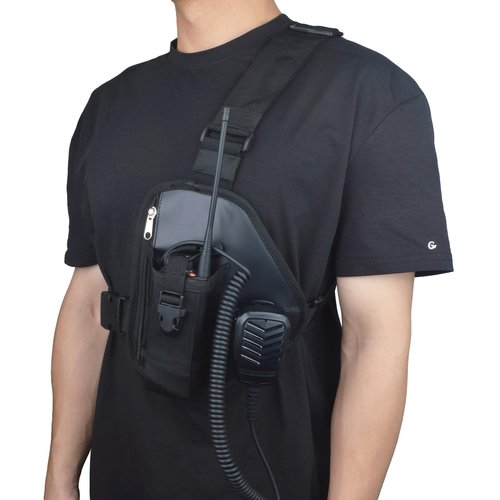 UAYESOK Universal Tactical Chest Rig Radio Pouch Holder, Walkie Talkie Shoulder Harness with Tool Pocket for Hunting, Hiking, Firefighter, Police, Search and Rescue(Black)