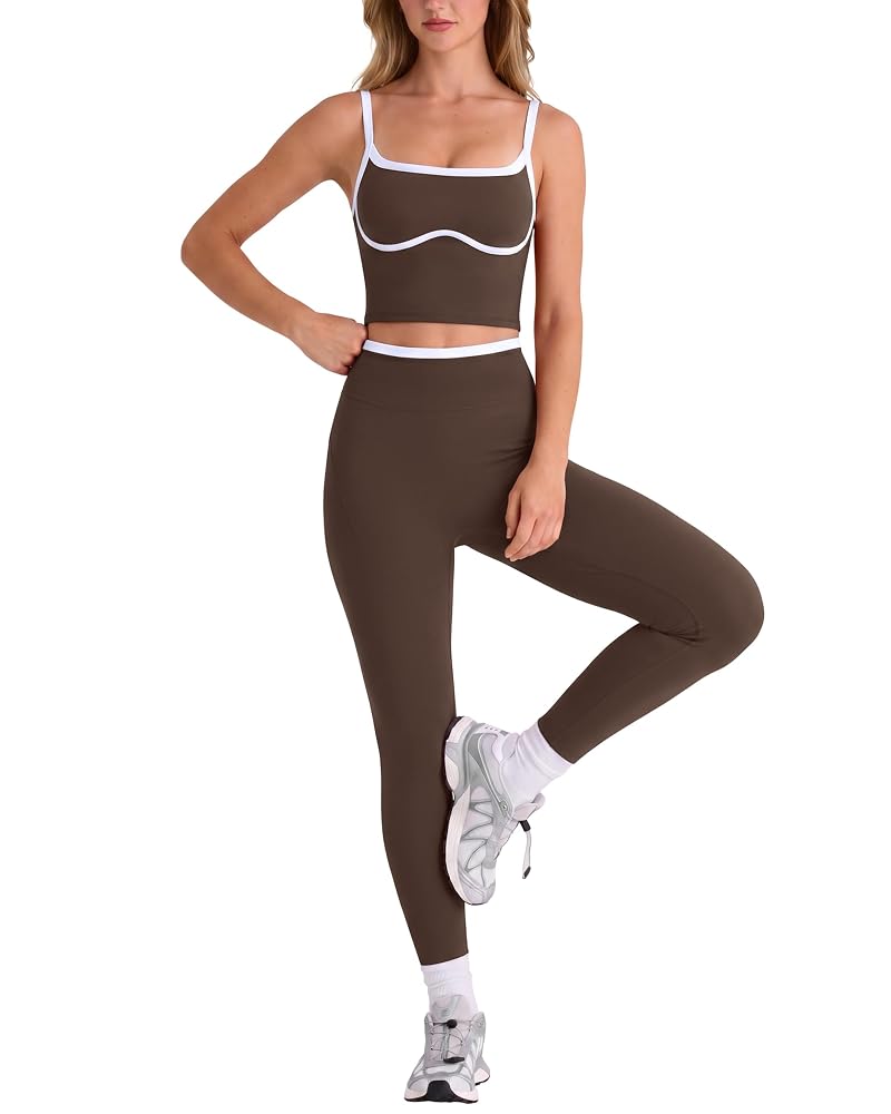 SUUKSESS Color Block 2-Piece Gym Set Women’s Yoga Pilates Outfit Brown Medium