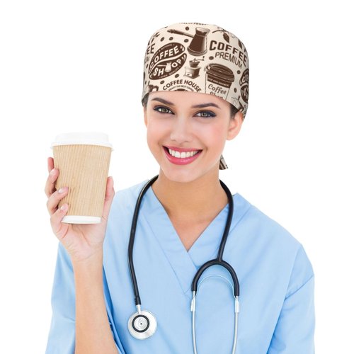 Coffe Working Caps with Sweatband for Men & Women Adjustable Tie Back Hat Nurse Surgical Caps