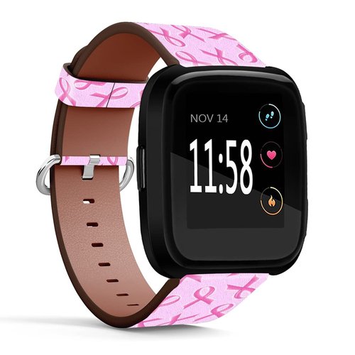Mingdao Compatible with Fitbit Versa 2 / Versa/Versa Lite/Versa SE Patterned Leather Replacement Band (Pink Ribbon Against Breast Cancer Symbol)