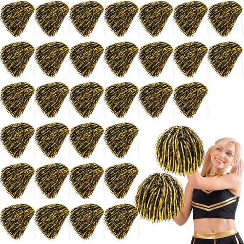 Vinsot Cheerleading Pom Poms Bulk Black Gold Mix 40 Pcs Metallic Foil School Spirit
