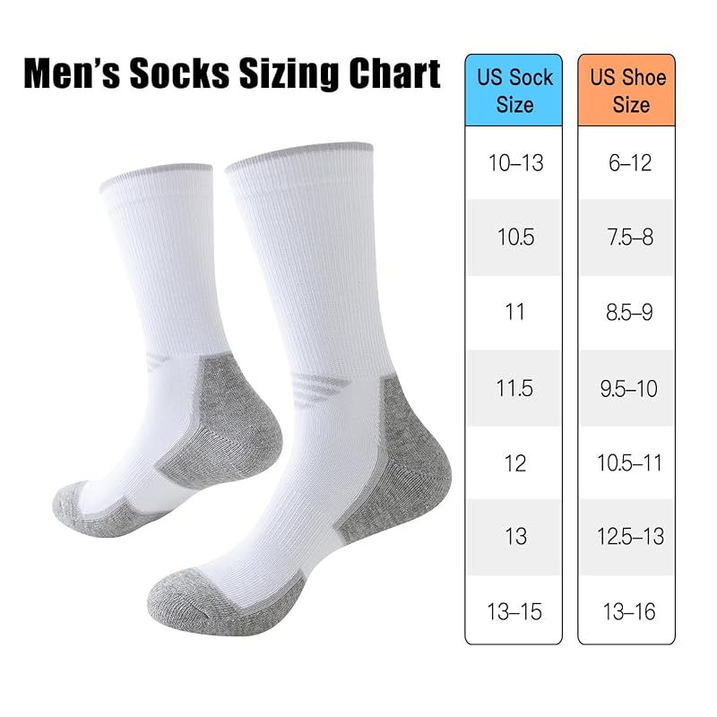 JOYNÉE 5/10 Pairs Men’s Lightweight Athletic Crew Socks – Cushioned Breathable Long Socks White (5 Pairs) Large