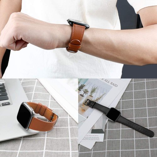 Dailatu Leather Bands for Fitbit Versa 2 Bands & Versa Bands & Versa Lite Wristbands, Adjustable Soft Classic Fitbit Versa SE Leather Replacement Strap for Women Men, black+brown+grey