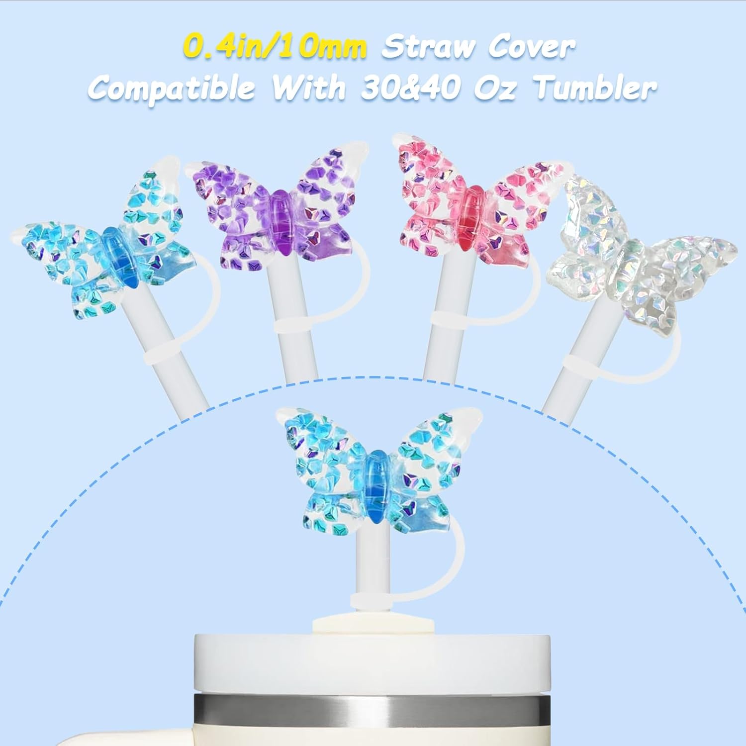 Stanley - Silicone Straw Cover Set - 4 Pcs Butterfly Topper for 30 & 40oz Tumblers - Fits 10mm Straws