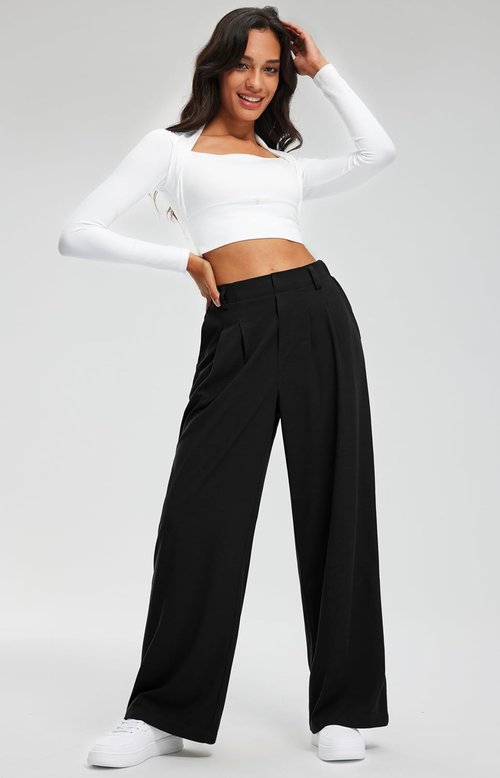 Libin Women's Wide Leg Pants - High Waisted Waffle Knit Casual Slacks with Pockets | 27"/29" Sizes
