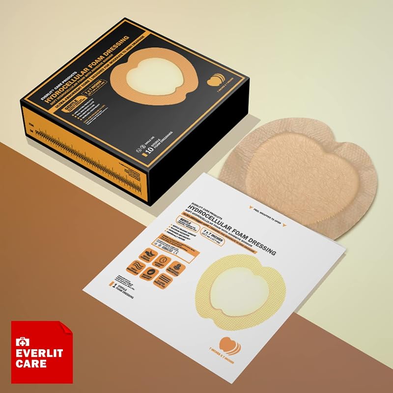 Everlit Sacrum Foam Dressing 7" x 7" | Highly Absorbent Waterproof Adhesive Bandage, 10 Pack