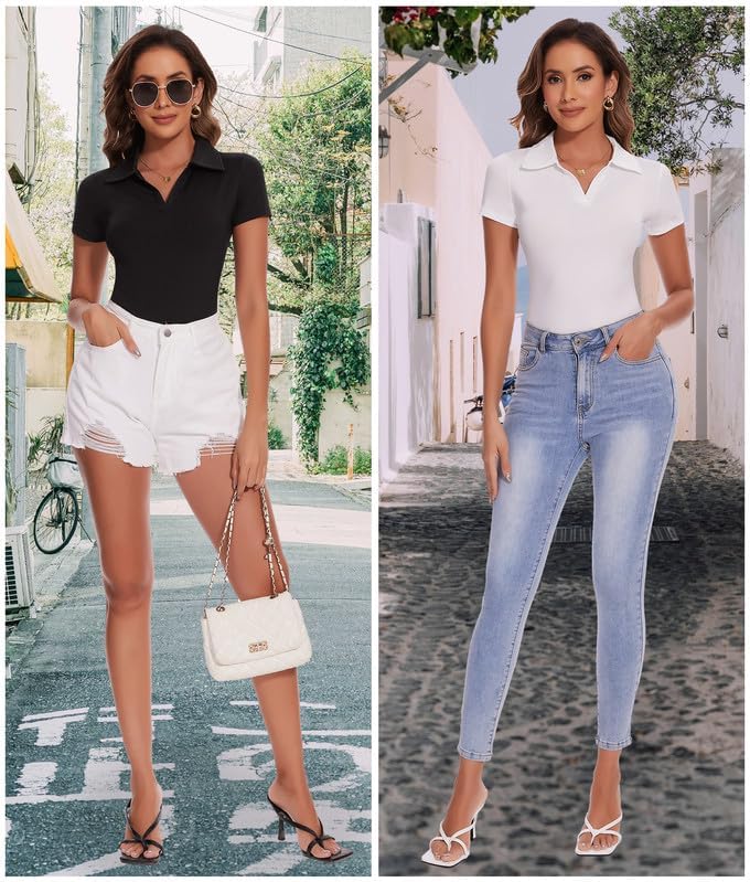 SHAPERIN Women's V-Neck Polo Bodysuit - Slim Fit, Versatile Style for Any Occasion | Long & Short Sleeves
