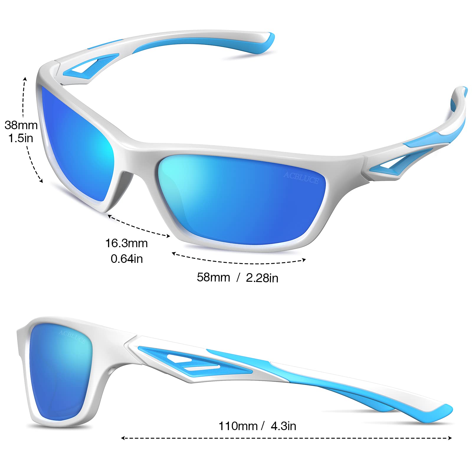 ACBLUCE Kids Sunglasses Polarized for Boys Girls Child Toddler Sport Baseball Cycling Running Softball Beach White Blue Glasses for age 3 4 5 6 7
