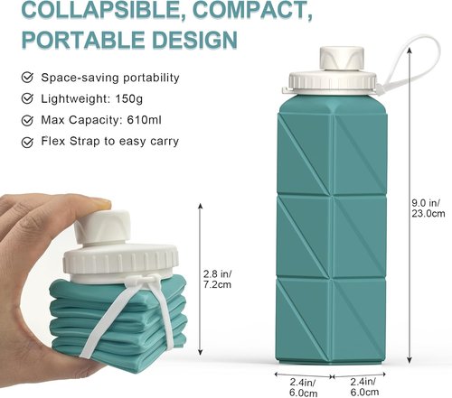 Beautail Collapsible Water Bottle - 20.6oz Silicone Travel Bottle | BPA-Free, Leakproof, Blue