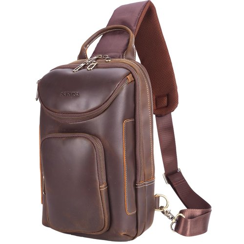 STAR VISTA Triton Vintage Full Grain Leather Sling Bag, Crossbody Chest Daypack, Multi Pockets Backpack, Casual Outdoor Hiking Rucksack, YKK Zippers