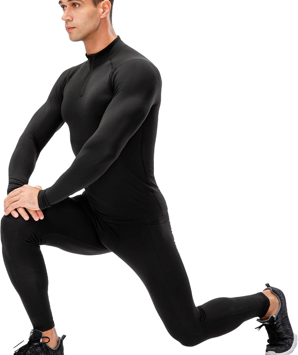 Skiennix Men's Quarter Zip Thermal Compression Shirt - Fleece Long Sleeve Athletic Base Layer Tee