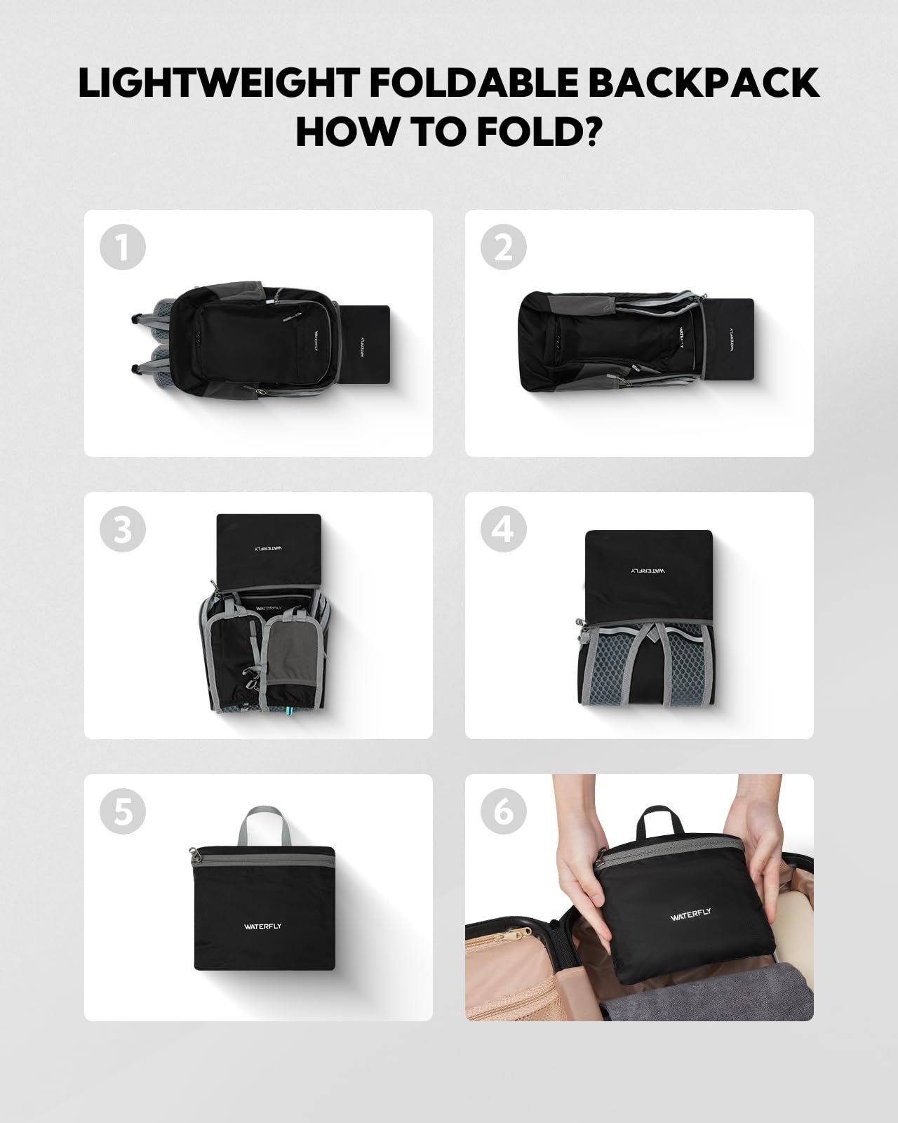 WATERFLY Packable Lightweight Small Backpack: 15L Foldable Mini Hiking Daypack - Ultralight Compact Day Pack for Women Men Outdoor Travel Camping Walking - Black