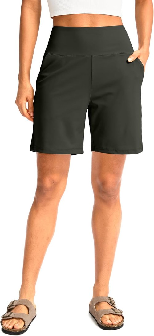 G Gradual Women's Bermuda Long Shorts - High Waisted Knee Length with Pockets for Athletic Workouts | 9" Size
