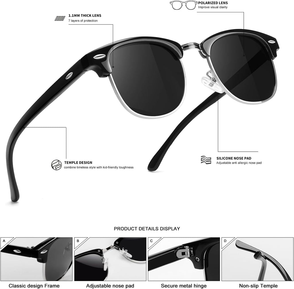 Skiennix Kids Polarized Sunglasses - Retro Semi-Rimless Frame with UV Protection | Stylish Shades for Boys & Girls
