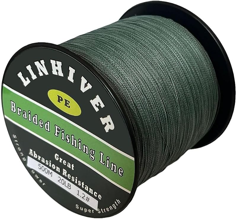 Linhiver Braided Fishing Line 4/8 Strands, 164/328/547/1093 Yds, 10-100 lb, Low Stretch Green (Dark Green+20LB-0.18mm-328YDS-4 Strands)