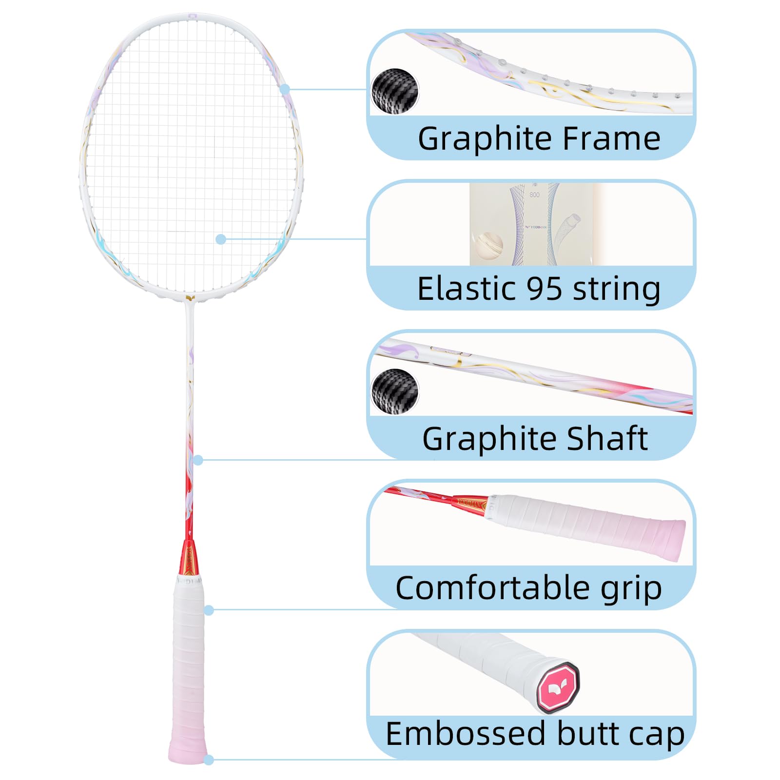 YODIMAN Single Professional Badminton Racket for Advanced Players - 50T Graphite Carbon Fiber with Aerodynamic Frame, Pre-Strung 26lbs, Ultra-Light 5U for Club & Tournament