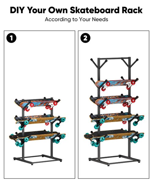 Tuohours Skateboard Racks Floor Stand Holder, Freestanding 5-Tier Skateboard Storage Organizer Hanger, Skateboards Display Rack for Deck, Longboard, Skateboard Rack for Garage, Black