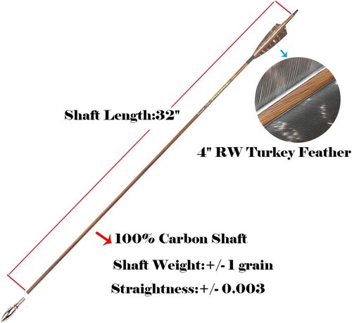 Archery Traditional Arrows - 12PCS Carbon Shafts with Turkey Feathers | 30-32 Inch for Recurve & Compound Bows