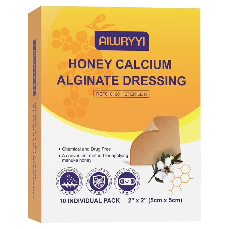 Honey Alginate Dressing 2x2" Pack of 10 | Wound Care Patches for Bedsores, Diabetic Ulcers, Burns