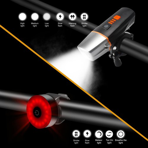 Spolite Bike Head and Tail Light Set, Smart Automatic Head Lamp, IP65 Waterproof, 5 Modes Taillight, Front and Rear Taillight Reflectors for Road, Mountain, Night Riding