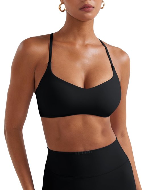 YEOREO Y Back Sports Bras for Women Padded Racerback Bra Paisely Light Impact Adjustable Straps Gym Workout Tops Black M